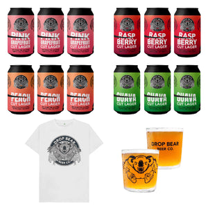 Drop Bear Cut Lager Alcohol-Free Beer Mixed Pack with T-Shirt and Glass – Pink Grapefruit, Raspberry, Peach, Guava